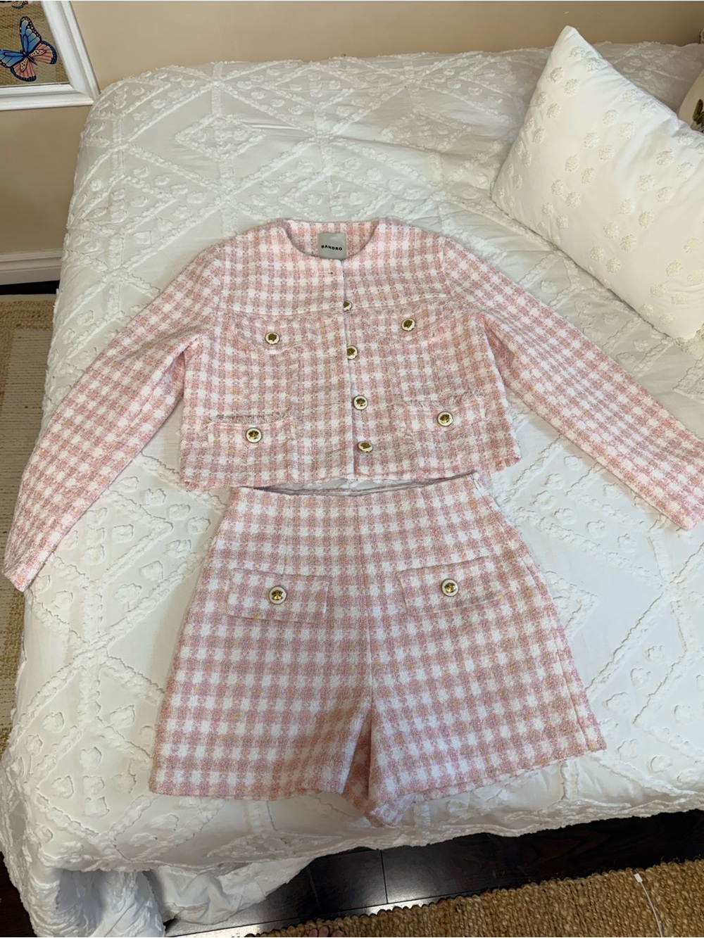 Pink Tweed Cropped Blazer & High-Waist Shorts Set